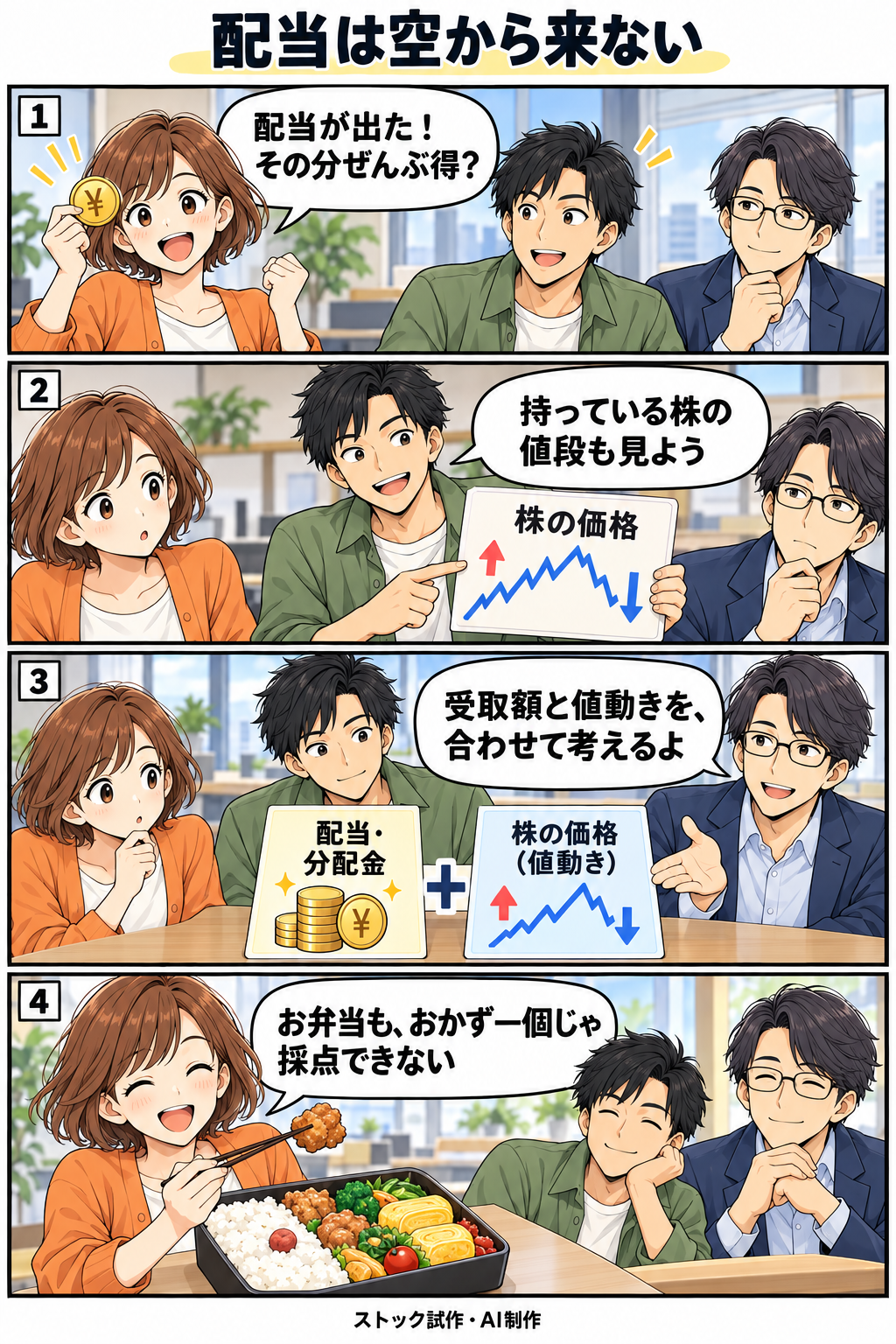 配当は空から来ない。縦4コマ。内容は下のテキスト版で読めます。