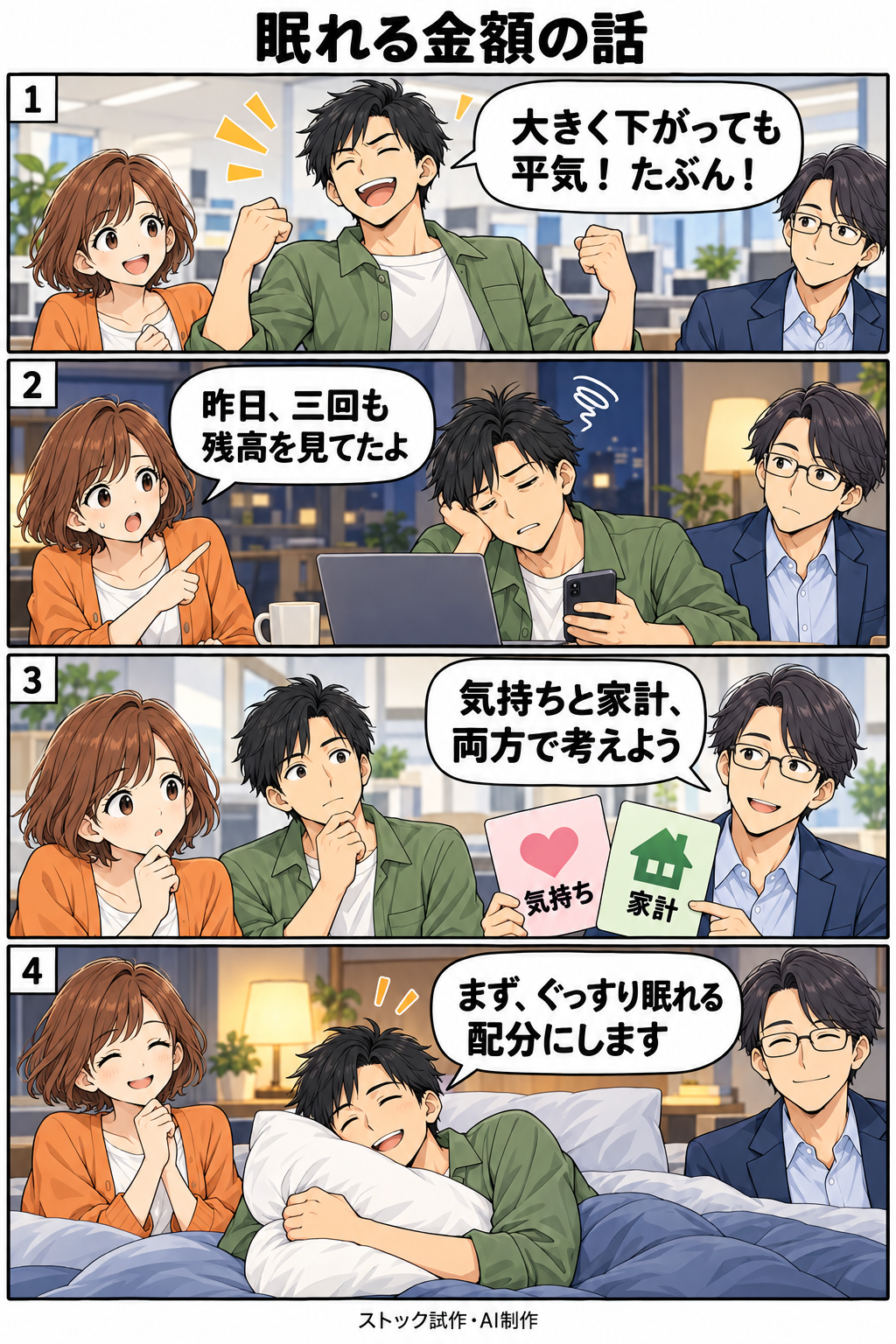 眠れる金額の話。縦4コマ。内容は下のテキスト版で読めます。