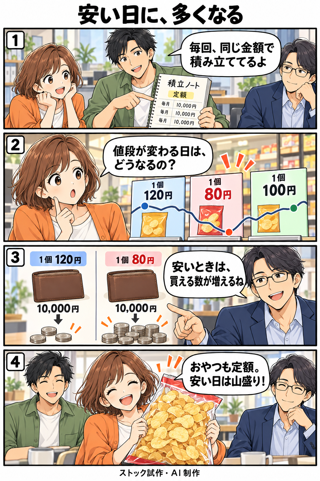 安い日に、多くなる。縦4コマ。内容は下のテキスト版で読めます。