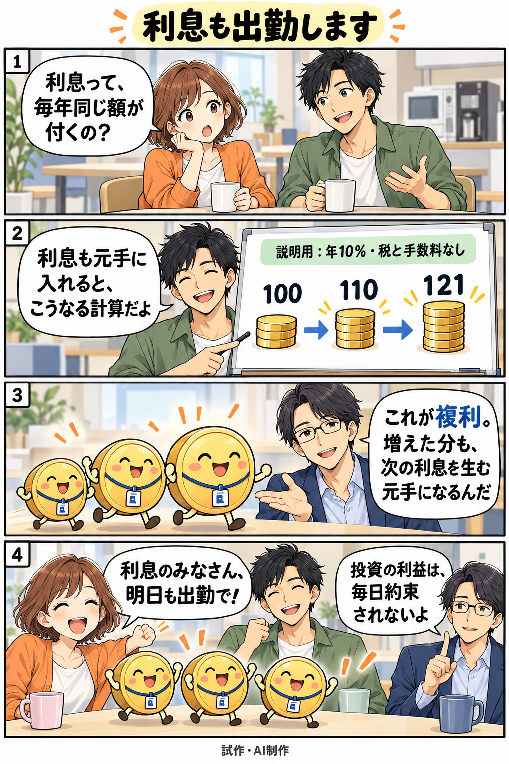 利息も出勤します。縦4コマ。内容は下のテキスト版で読めます。