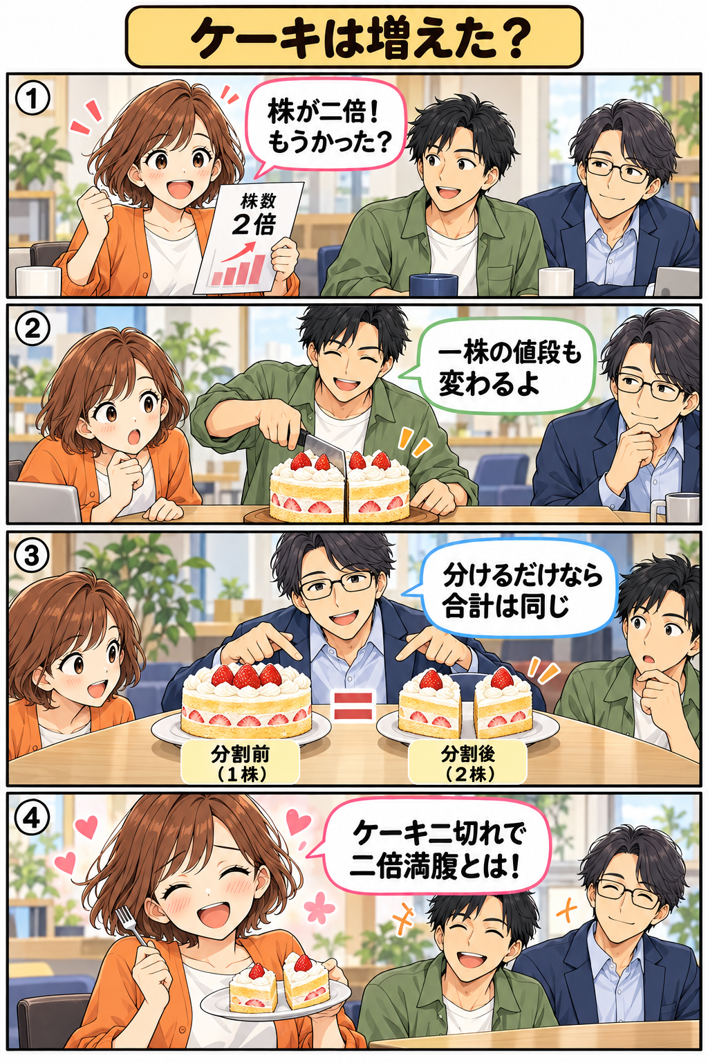 ケーキは増えた？。縦4コマ。内容は下のテキスト版で読めます。