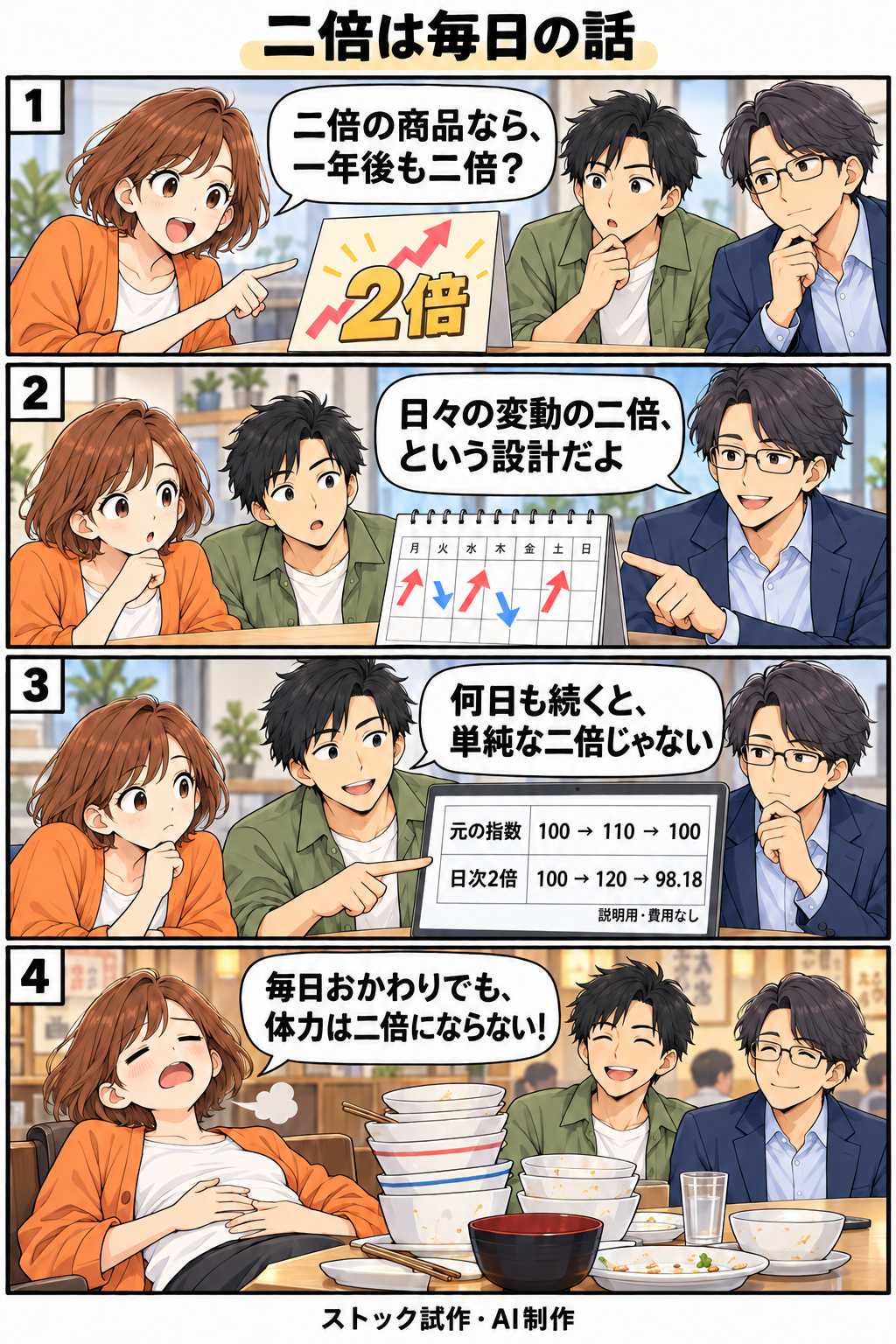 二倍は毎日の話。縦4コマ。内容は下のテキスト版で読めます。