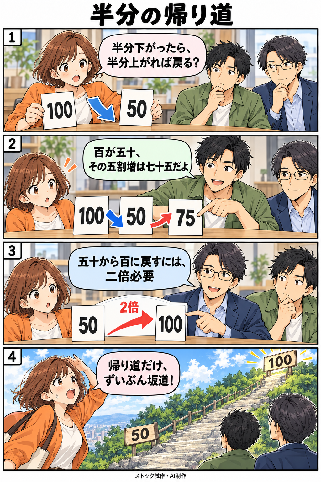 半分の帰り道。縦4コマ。内容は下のテキスト版で読めます。