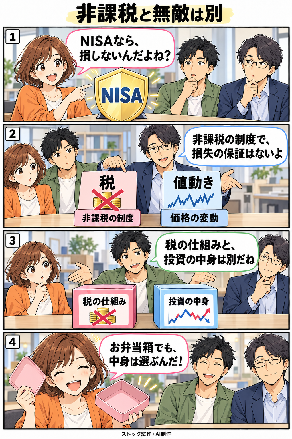 非課税と無敵は別。縦4コマ。内容は下のテキスト版で読めます。