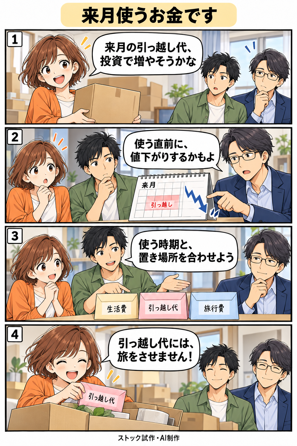 来月使うお金です。縦4コマ。内容は下のテキスト版で読めます。
