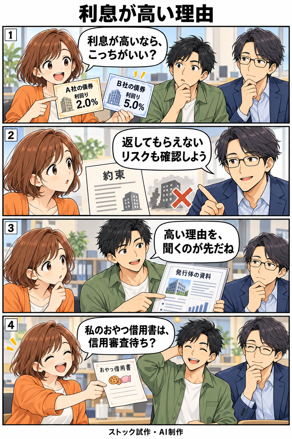 利息が高い理由。縦4コマ。内容は下のテキスト版で読めます。