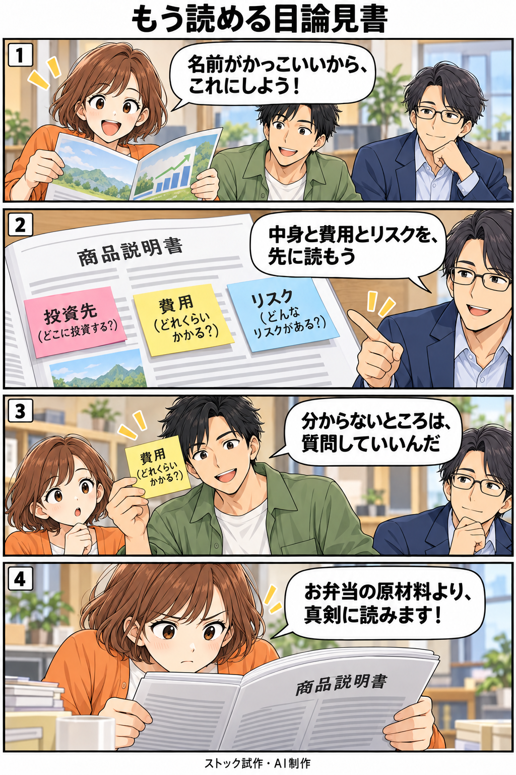 もう読める目論見書。縦4コマ。内容は下のテキスト版で読めます。