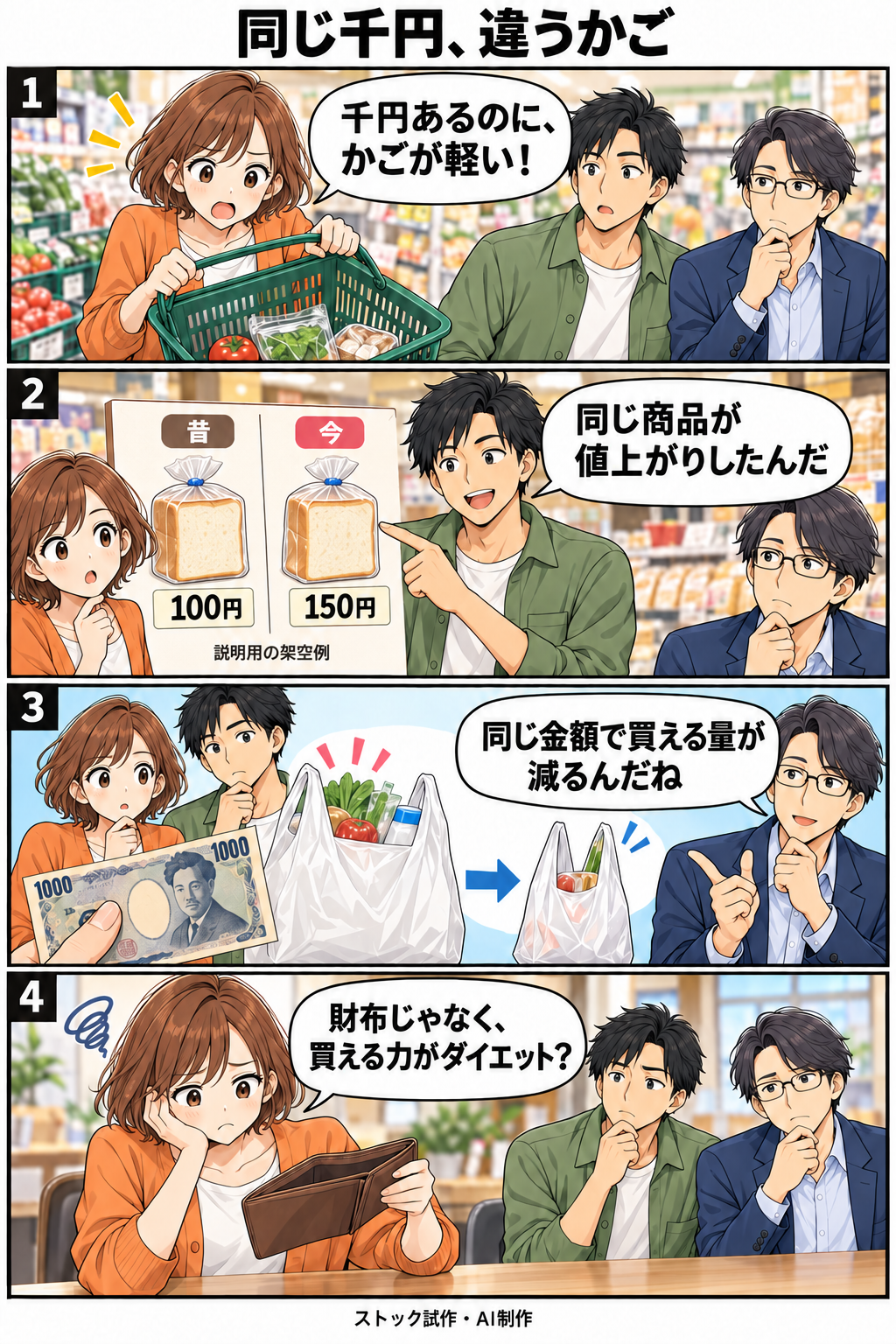 同じ千円、違うかご。縦4コマ。内容は下のテキスト版で読めます。