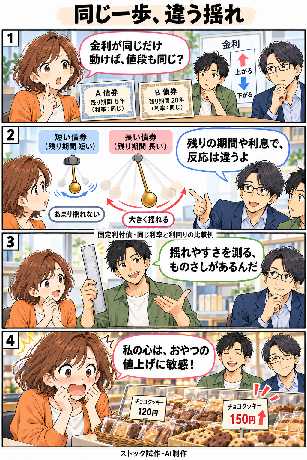 同じ一歩、違う揺れ。縦4コマ。内容は下のテキスト版で読めます。