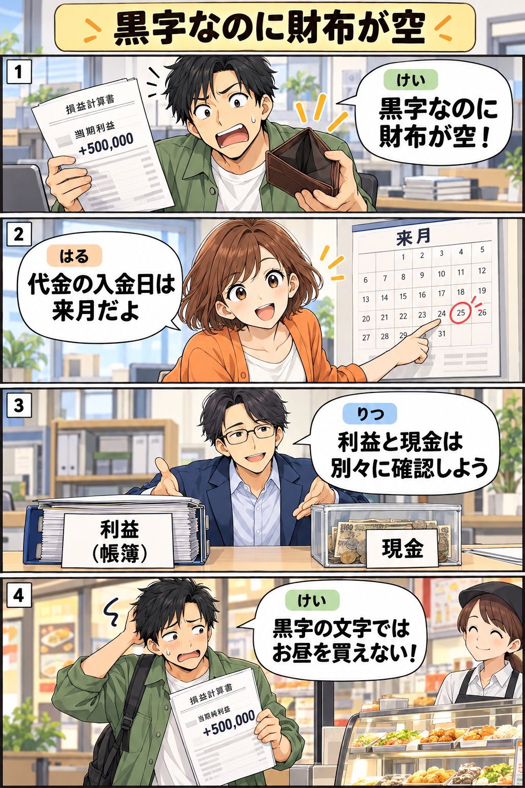 黒字なのに財布が空。縦4コマ。内容は下のテキスト版で読めます。