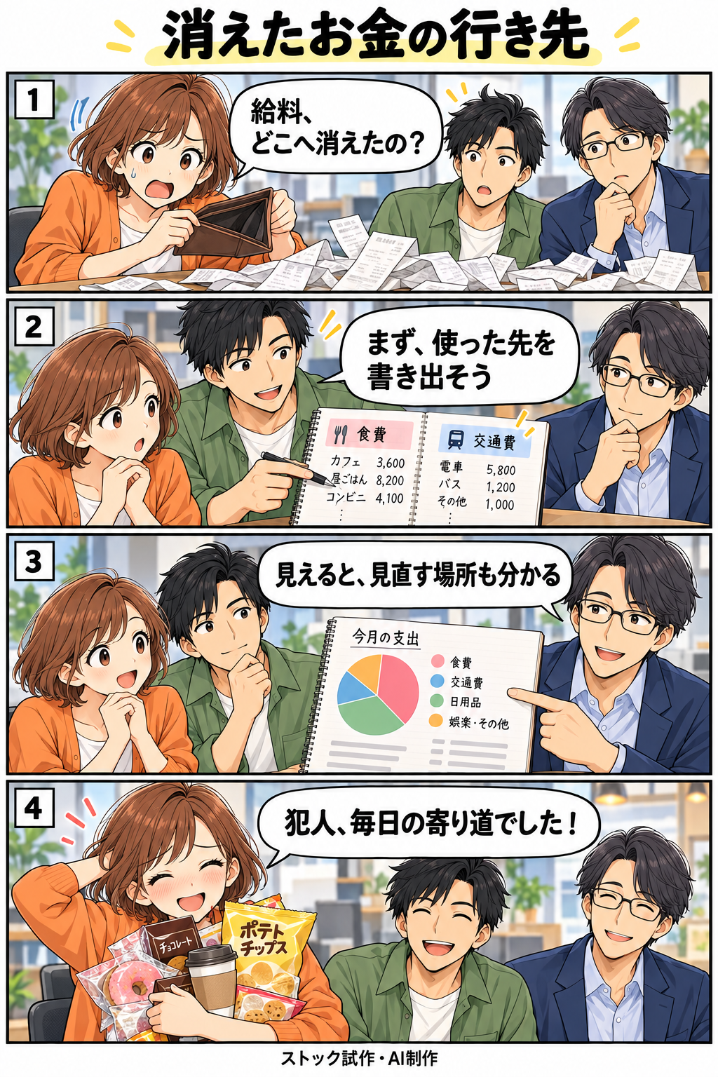 消えたお金の行き先。縦4コマ。内容は下のテキスト版で読めます。