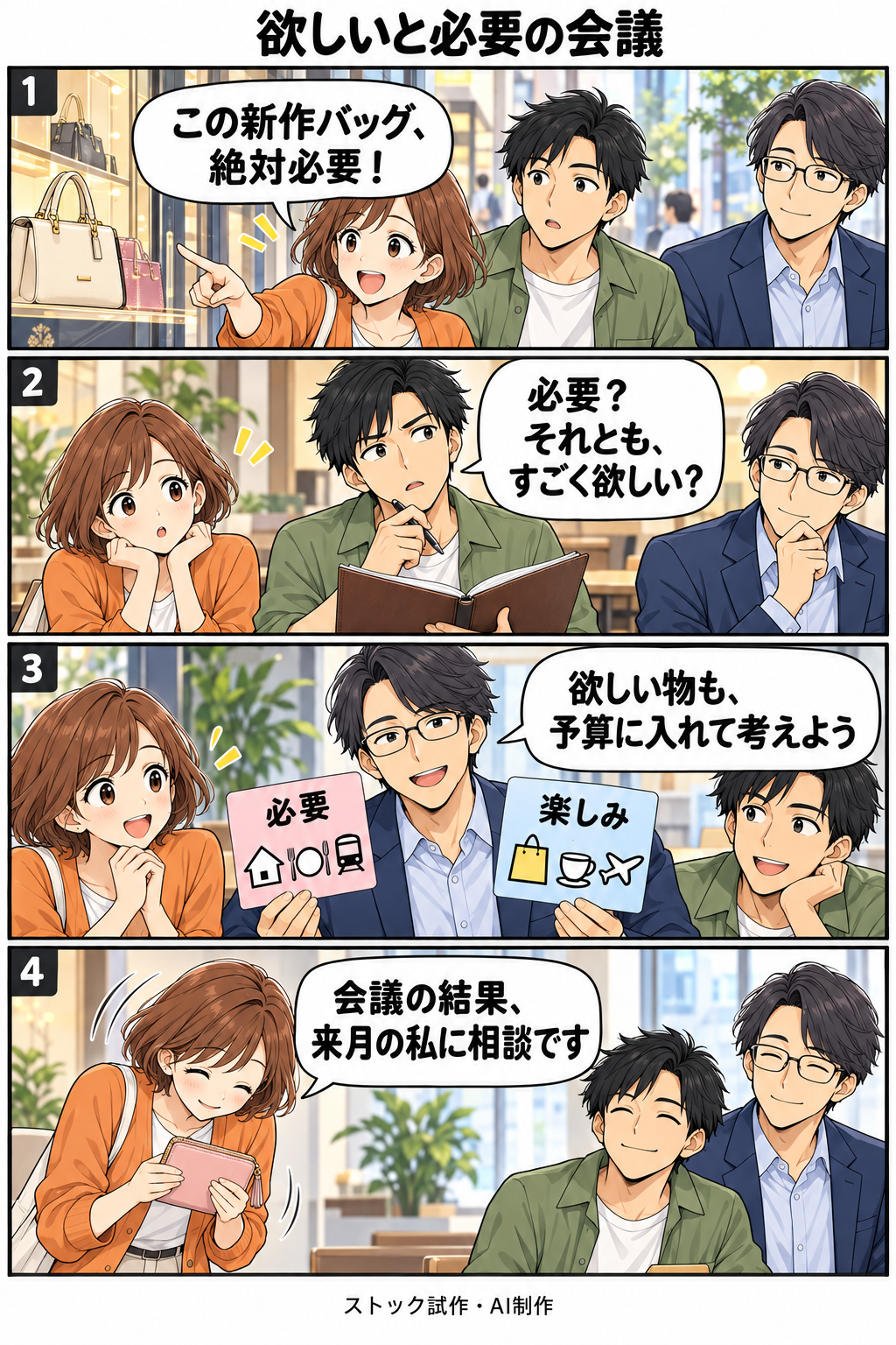欲しいと必要の会議。縦4コマ。内容は下のテキスト版で読めます。