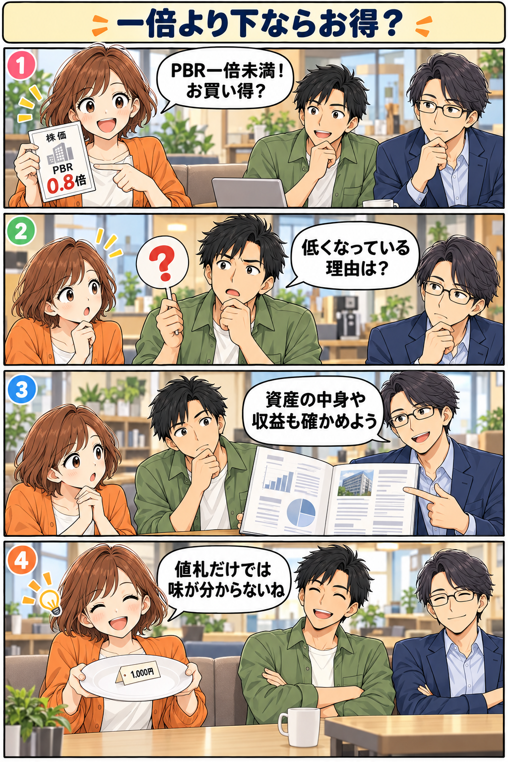 一倍より下ならお得?。縦4コマ。内容は下のテキスト版で読めます。
