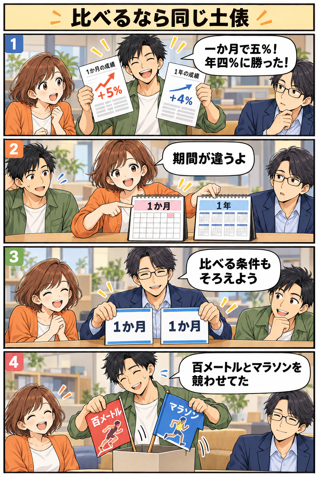 比べるなら同じ土俵。縦4コマ。内容は下のテキスト版で読めます。